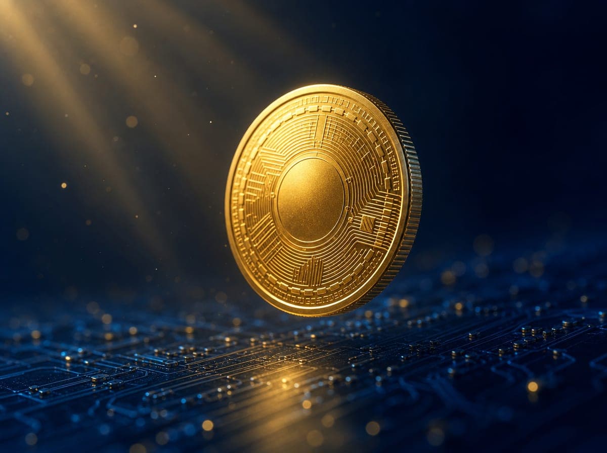 Moneda cripto dorada sobre un circuito electrónico