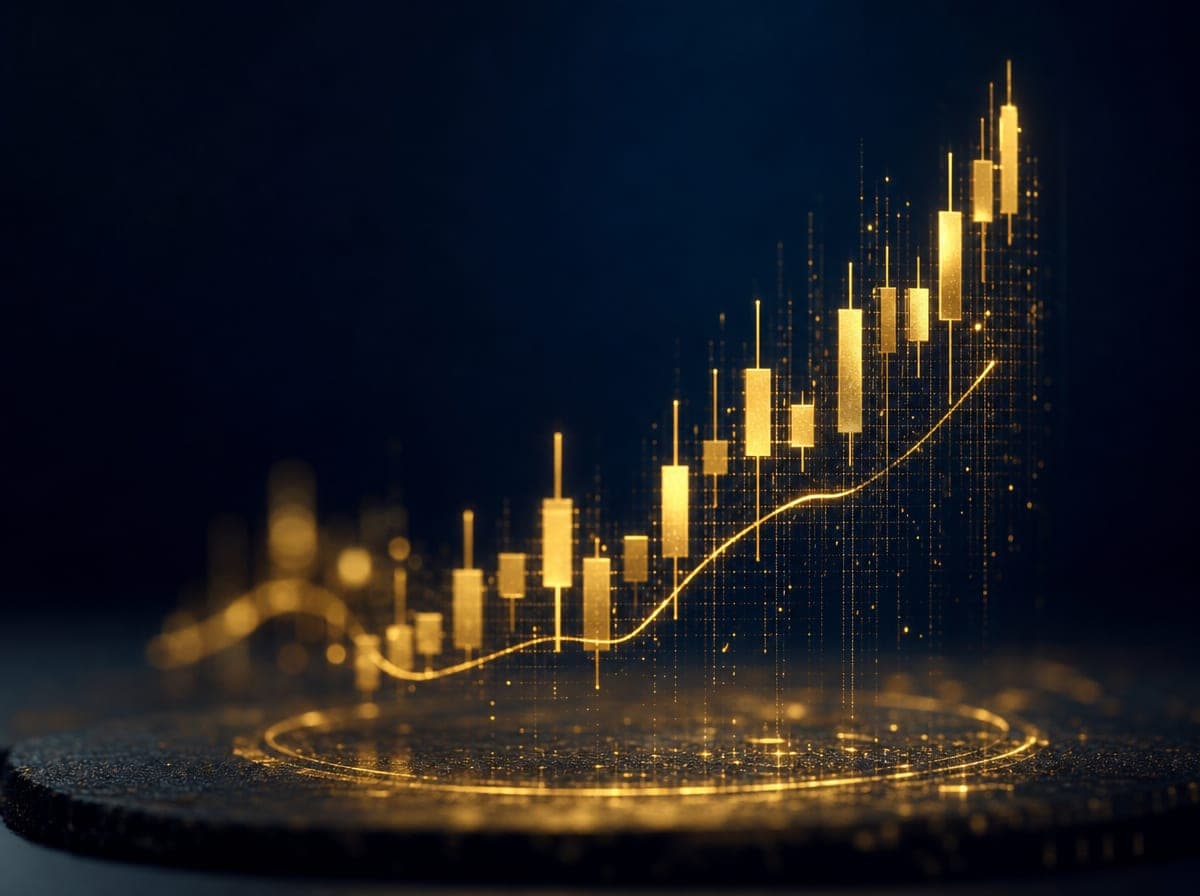 Gráfica financiera dorada ascendente sobre fondo oscuro
